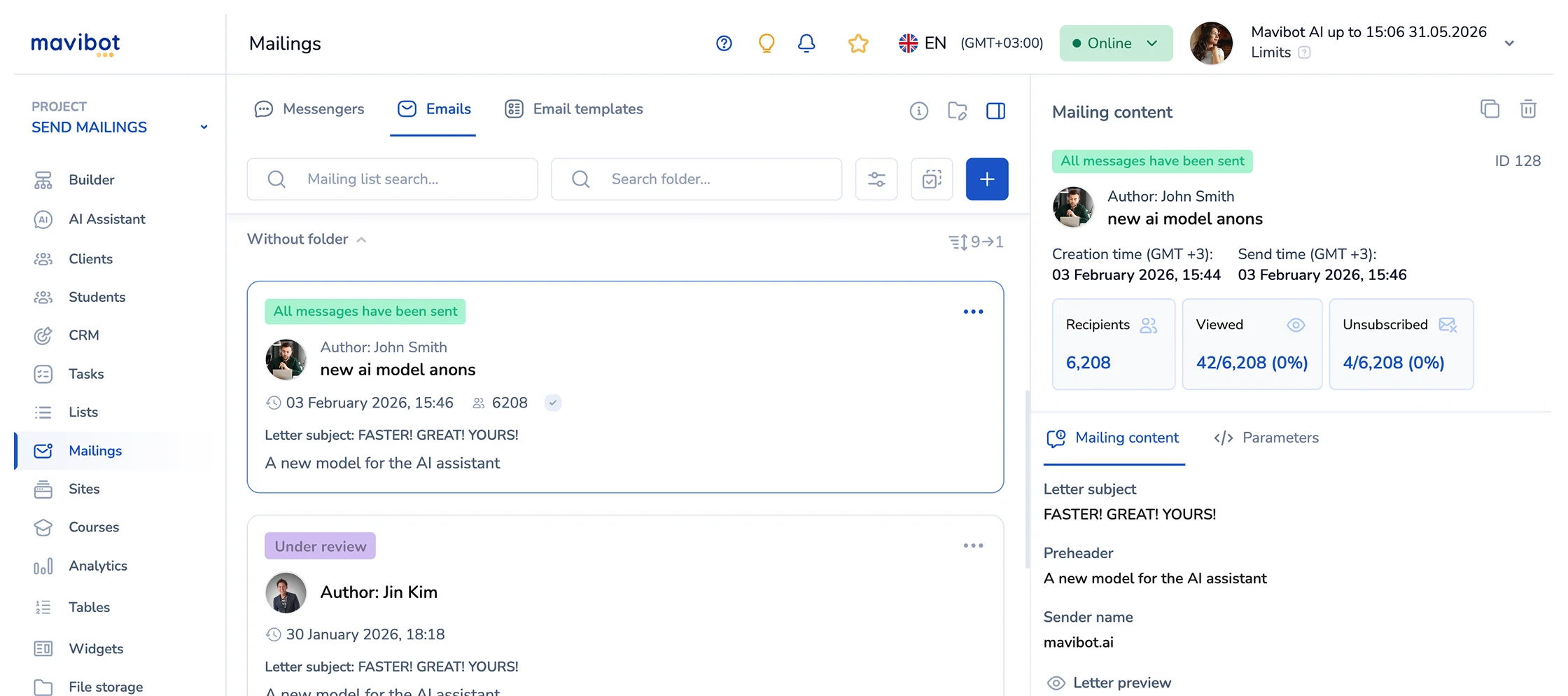 Mailings interface