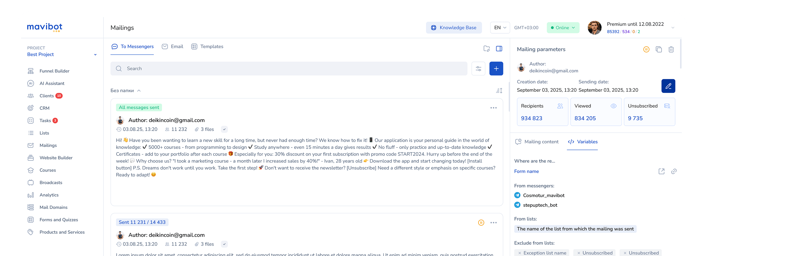Mailings interface
